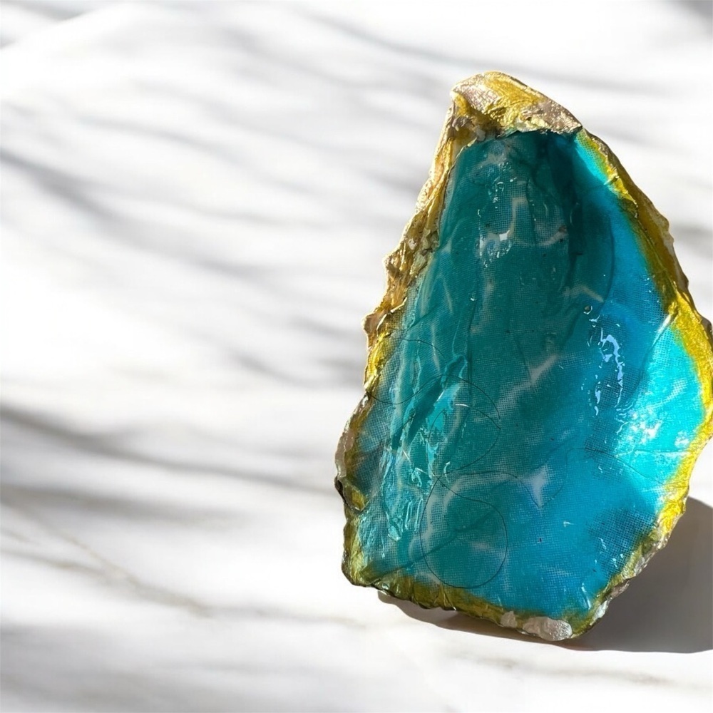 Turquoise & Gold Decoupage Oyster Shell – Jewelry Dish / Ocean-Inspired Decor